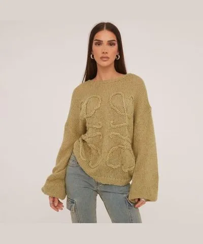 EGO Long Sleeve Swirl Detail Jumper In Olive Green Knit