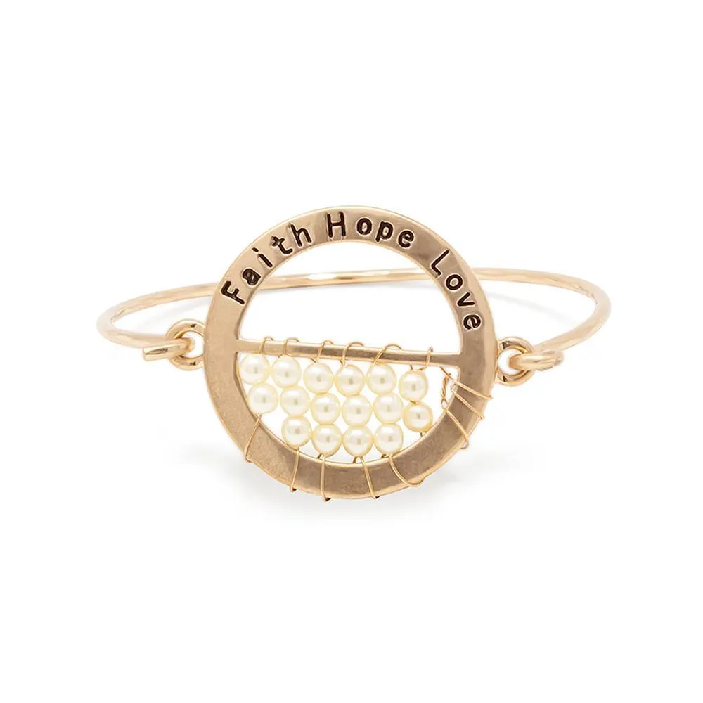 Faith Hope Love Hook Bangle with Pearl Gold Tone