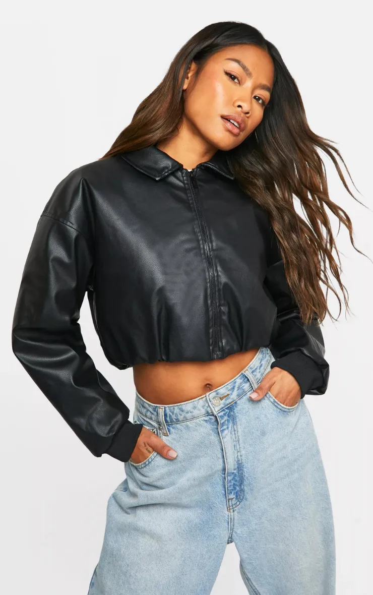 FAUX LEATHER CROPPED COLLAR DETAIL JACKET