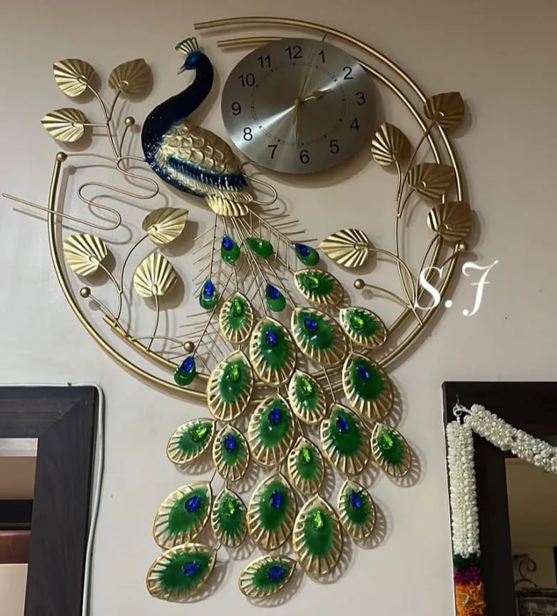 Golden Mayuri , Peacock Clock With Wall Art with Beautiful Stone work-ANUB001CW