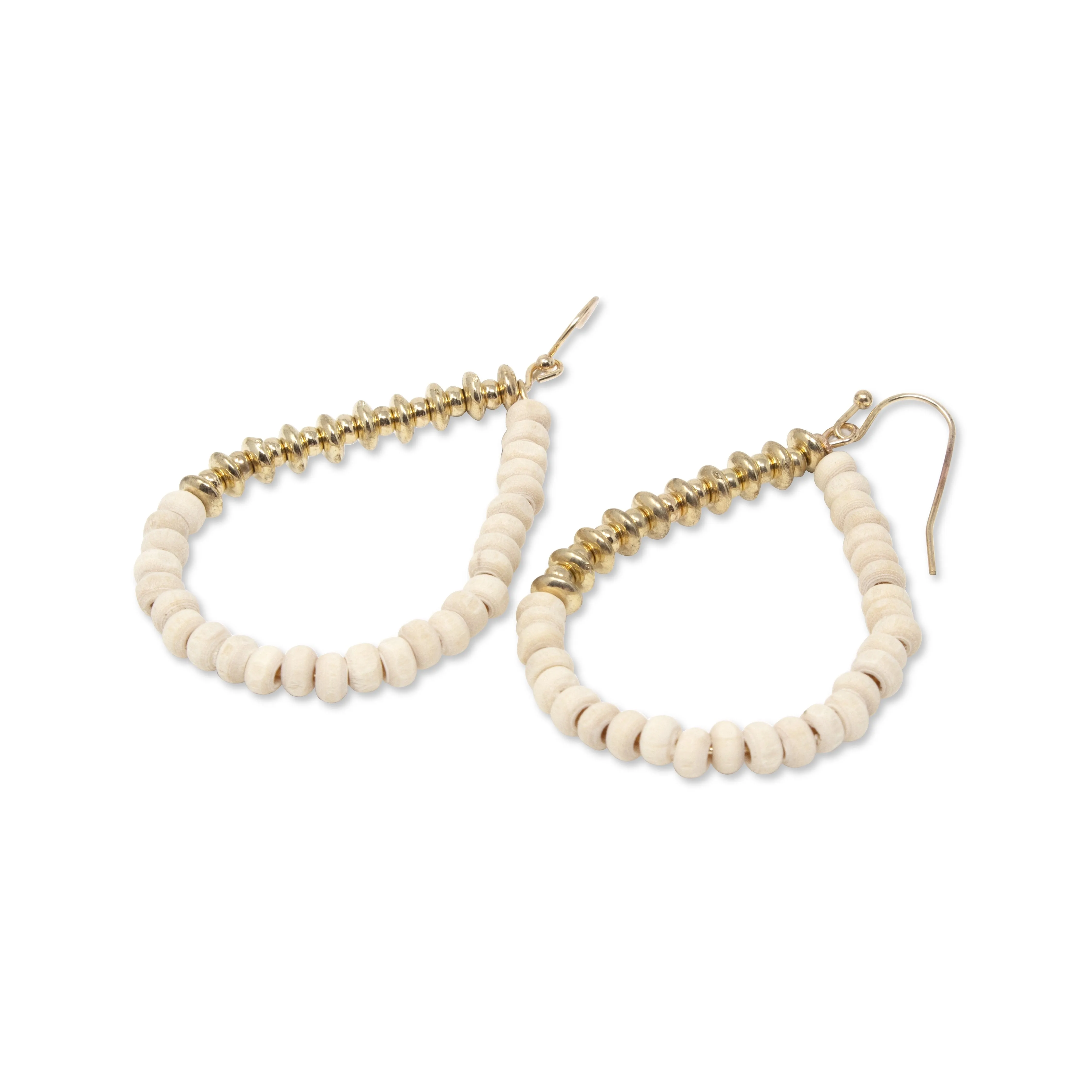 Ivory Wood Bead Tear Drop Earrings Gold Tone