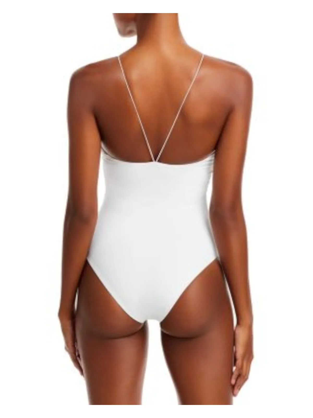 JADE SWIM Women's White String Strap No Padding Plunging Neck Micro Naomi One Piece Swimsuit