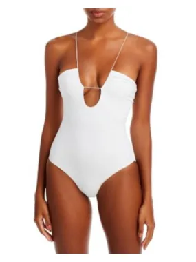 JADE SWIM Women's White String Strap No Padding Plunging Neck Micro Naomi One Piece Swimsuit