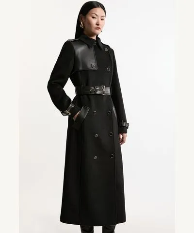 Karen Millen Wool Blend Faux Leather Trim Belted Double Breasted Tailored Midi Coat