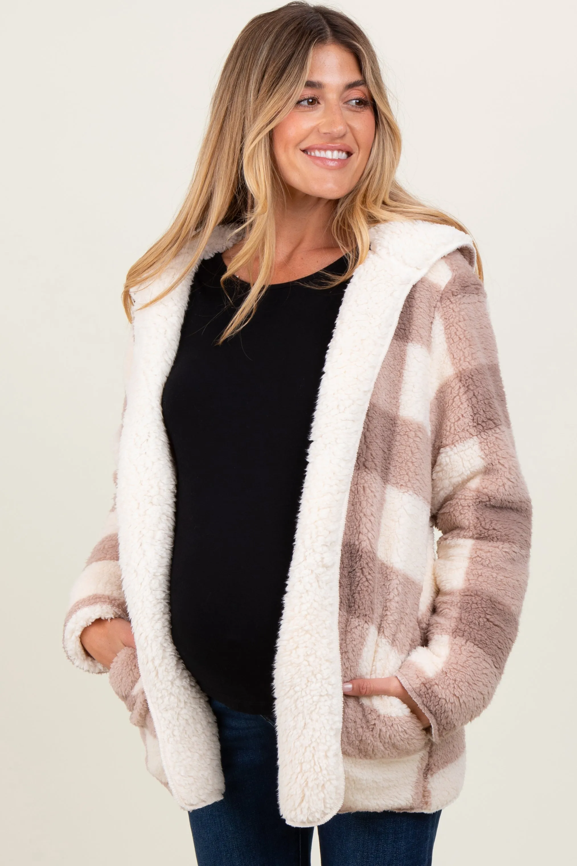 Light Taupe Plaid Teddy Fleece Hooded Maternity Cardigan