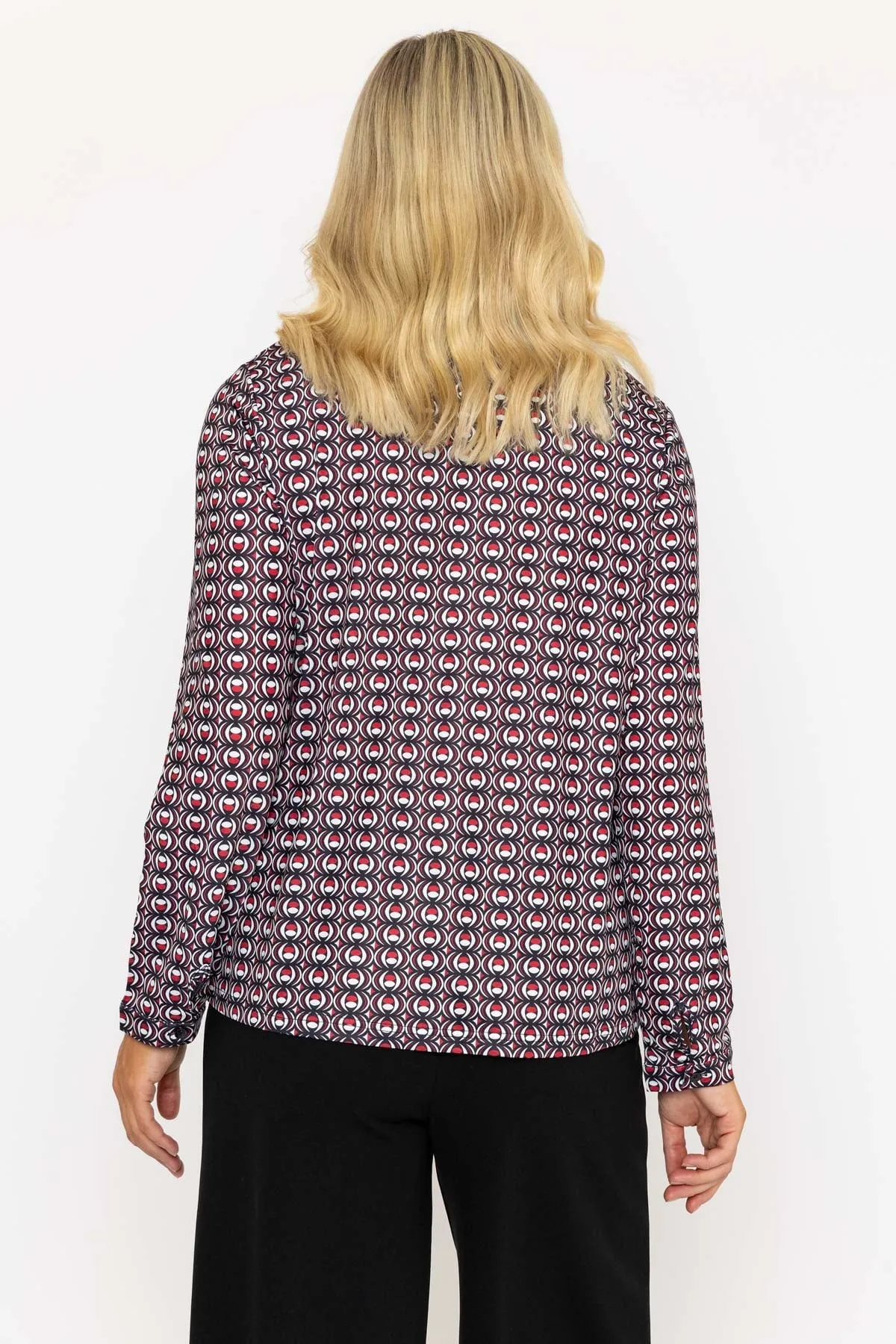 Long Sleeve Black & Red Printed Jersey Blouse