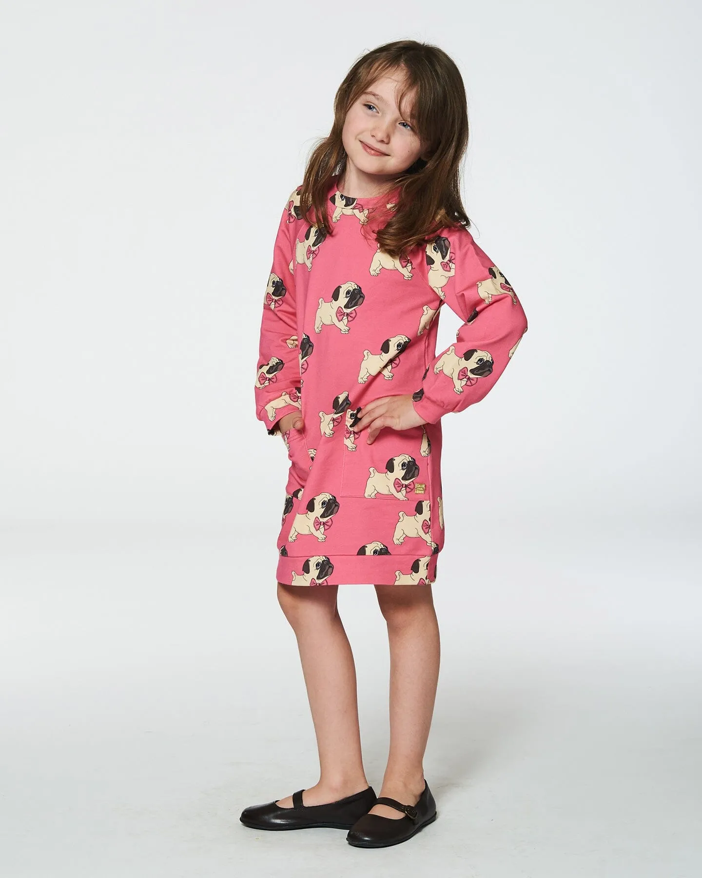 Long Sleeve Fleece Dress With Pocket Magenta Printed Pug