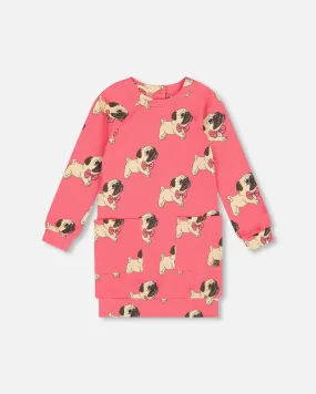 Long Sleeve Fleece Dress With Pocket Magenta Printed Pug