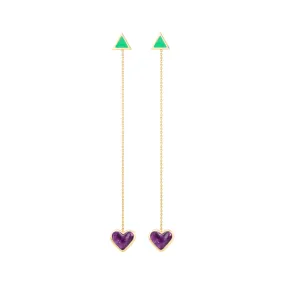 Love sticker chain earrings yellow gold with amethyst and chrysoprase