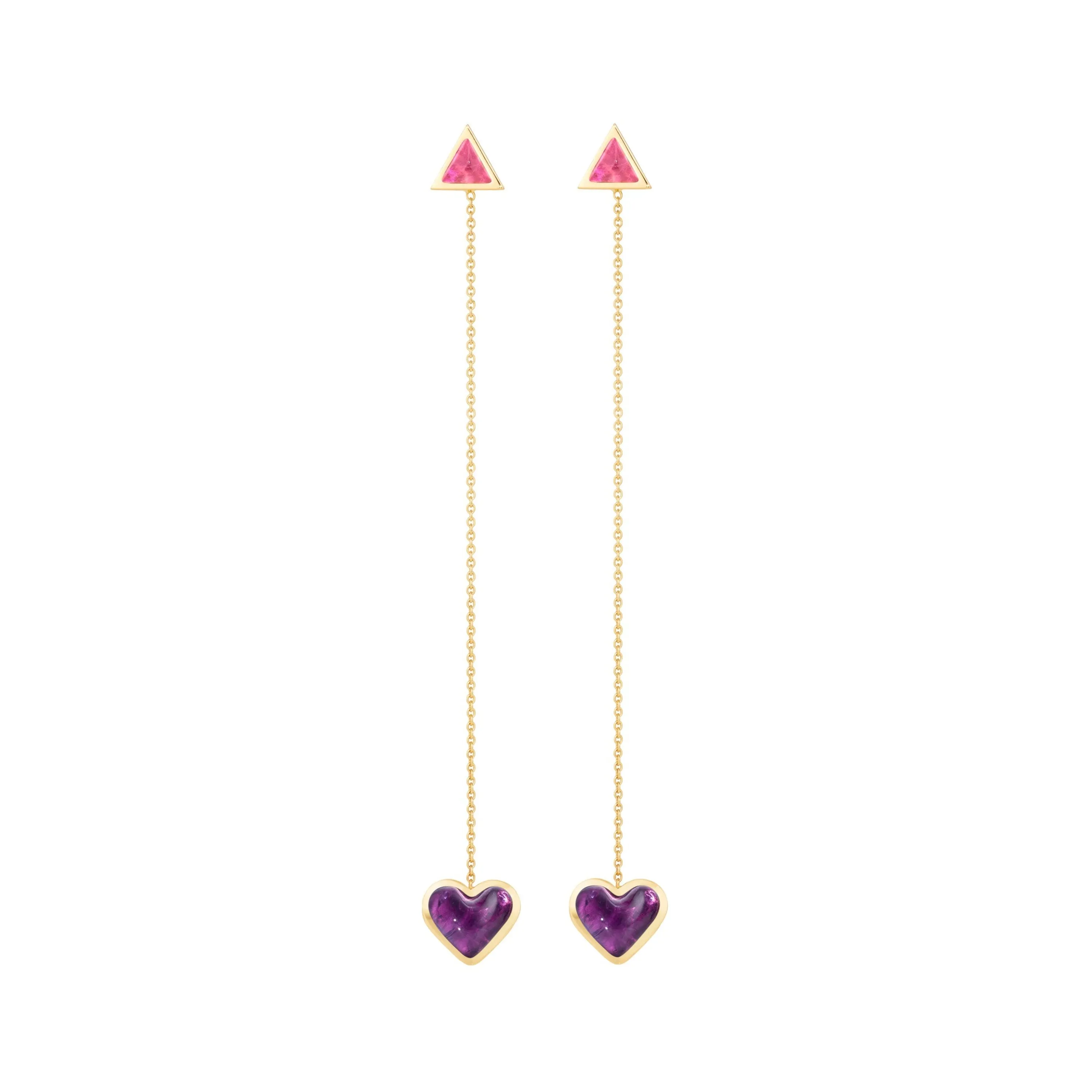 Love sticker chain earrings yellow gold with amethyst and pink tourmaline