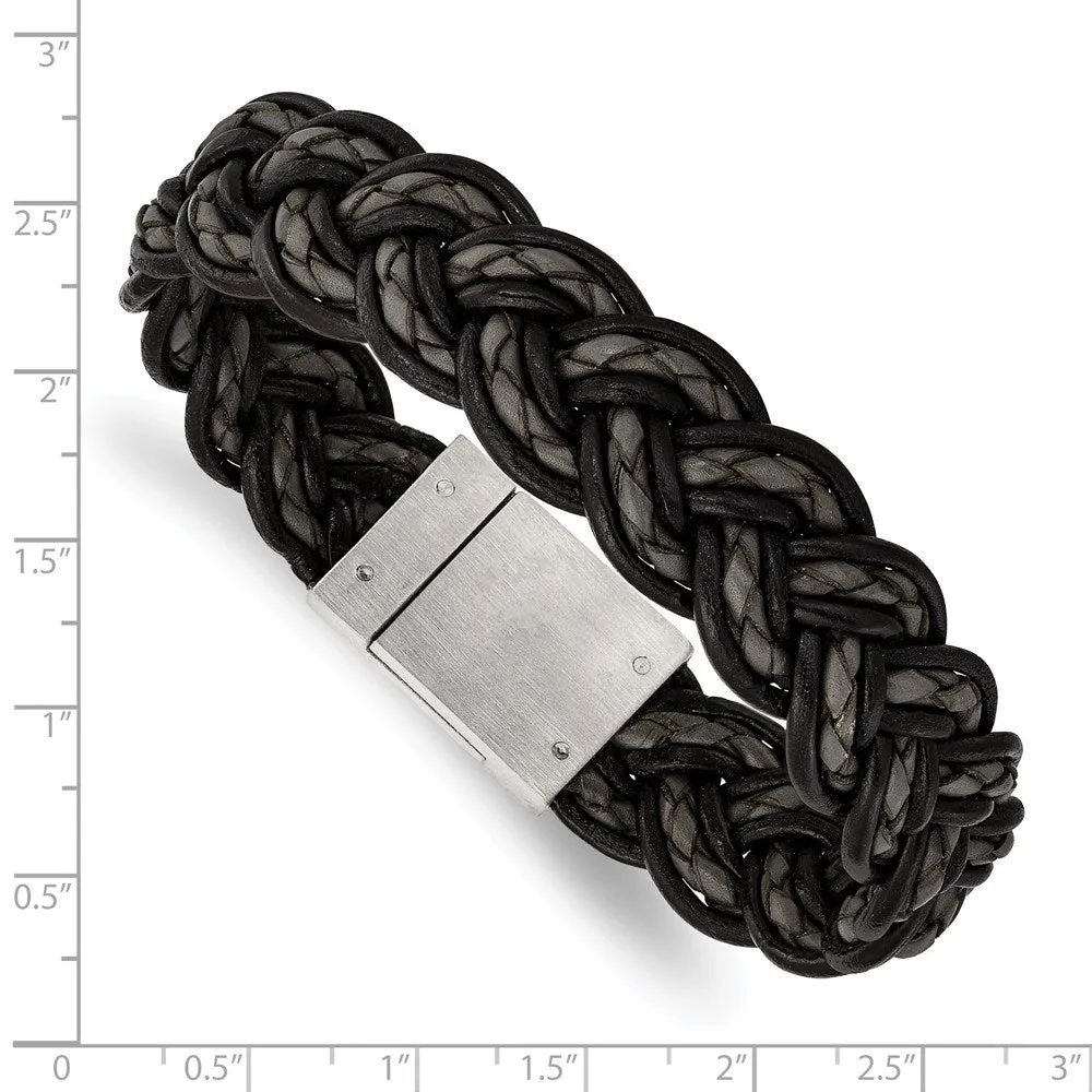 Men's 17mm Woven Black & Gray Leather Stainless Steel Bracelet, 8.5 In