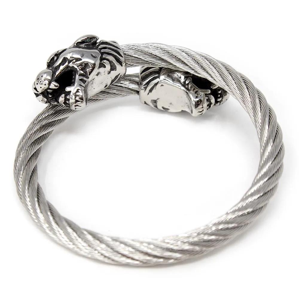 Men's Stainless Steel Cable Bangle with Panther Heads