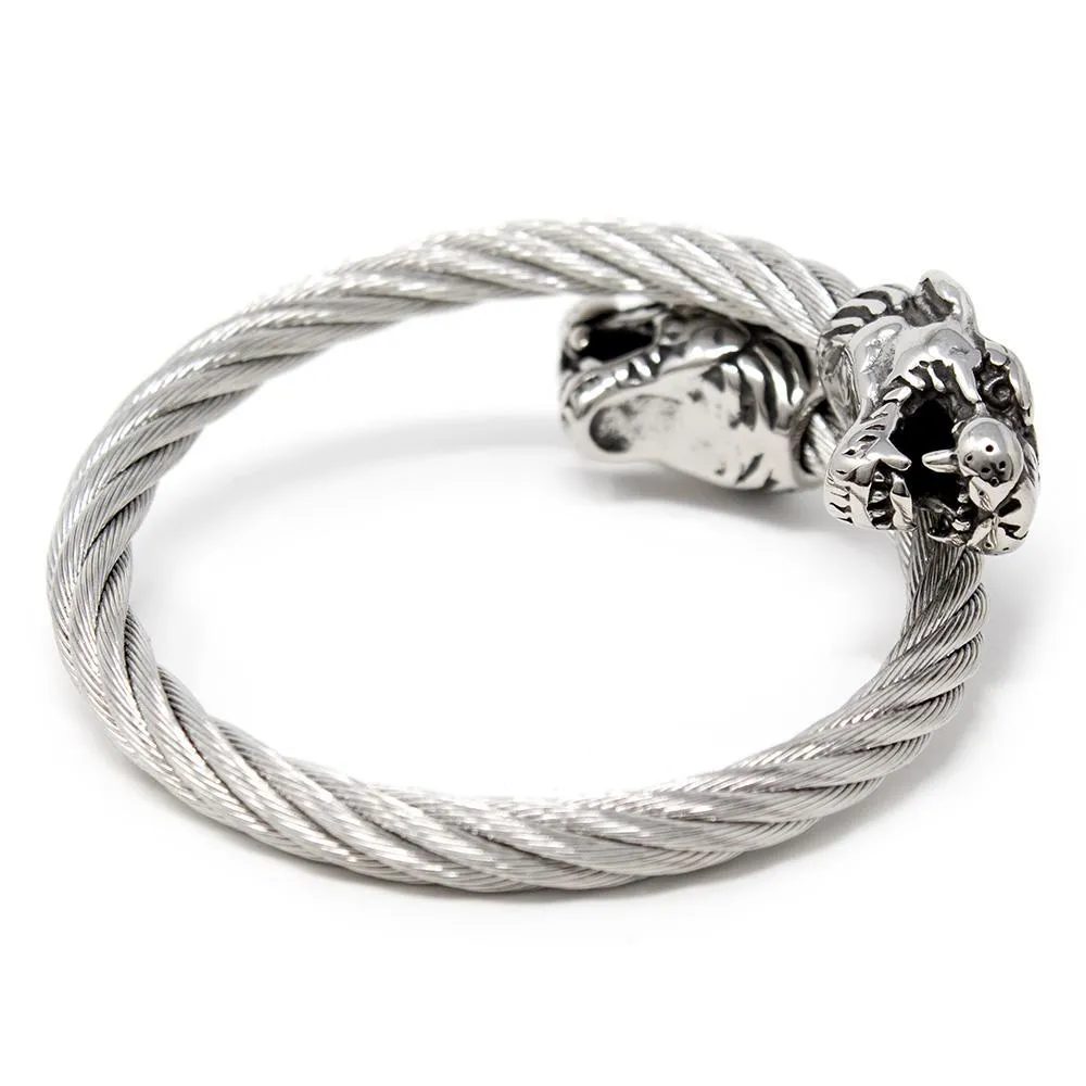 Men's Stainless Steel Cable Bangle with Panther Heads