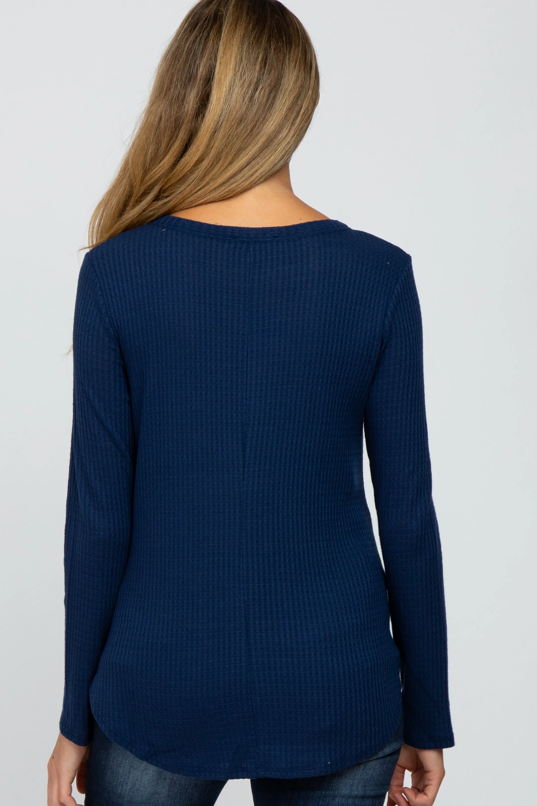 Navy Blue Basic Waffle Knit Maternity Long Sleeve Top