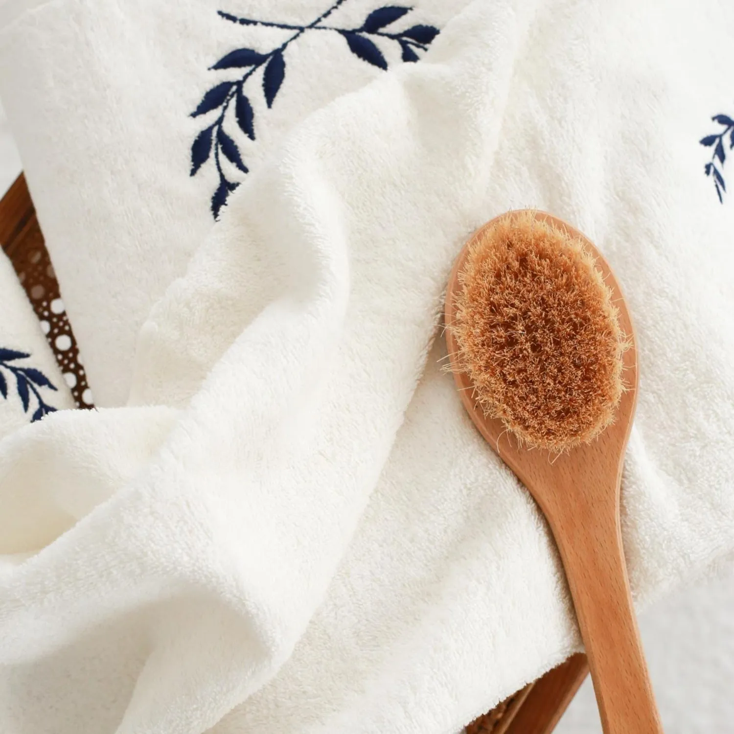 Navy Blue Petals Embroidered Bath Towel