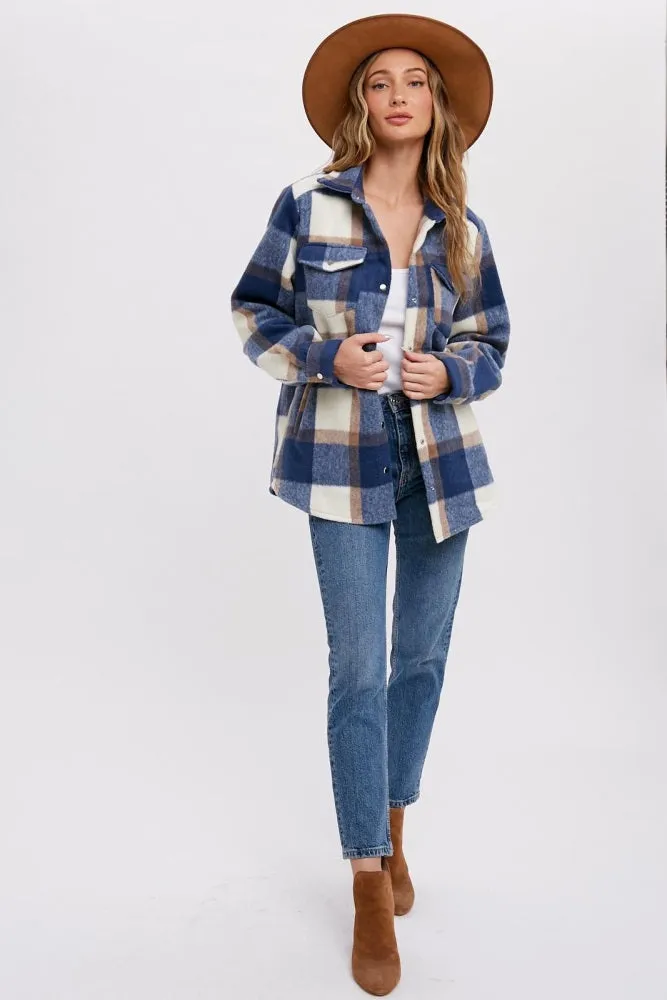 Navy Plaid Fleece Shirt Jacket