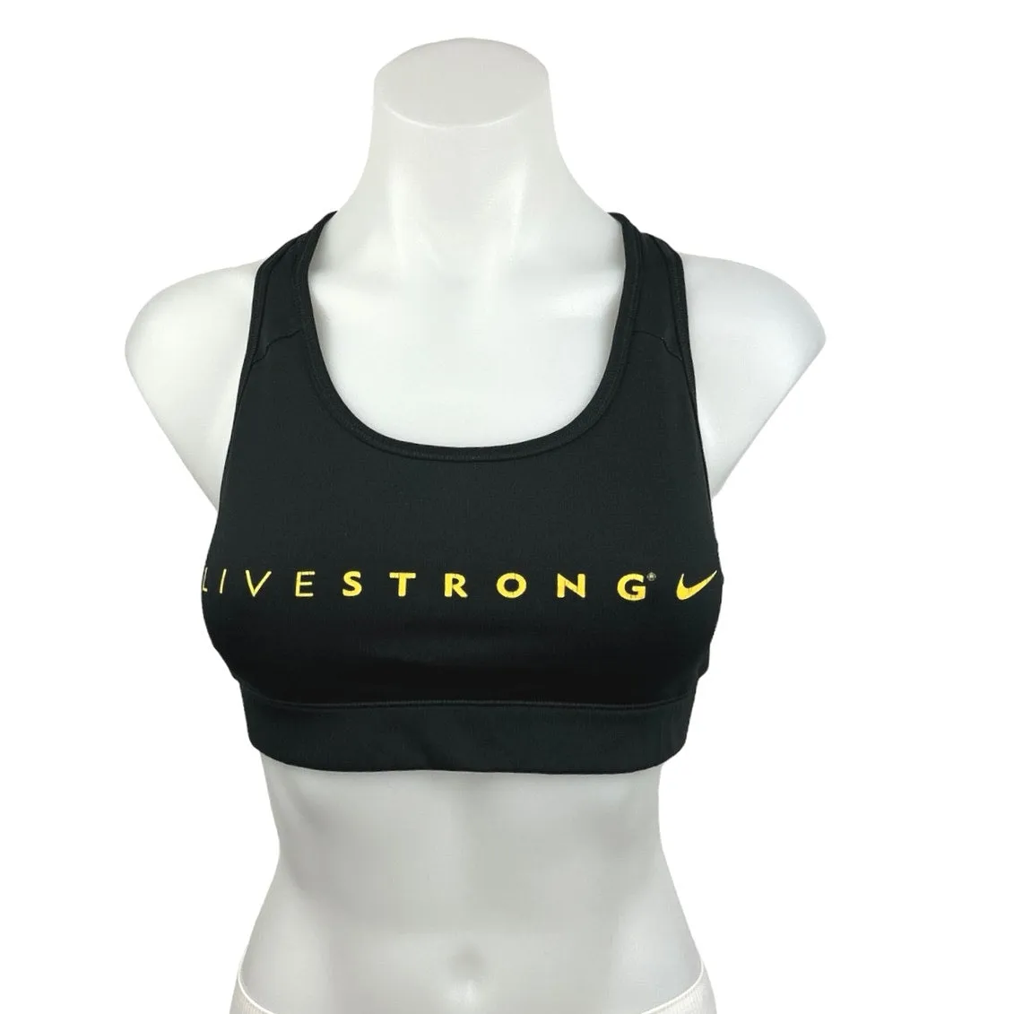 Nike Black Scoop Neck Racerback Livestrong Spell Out Sports Bra Top Size M