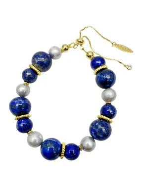 Nugget Blue Lapis with Gray Freshwater Pearls Adjustable Bracelet LB011