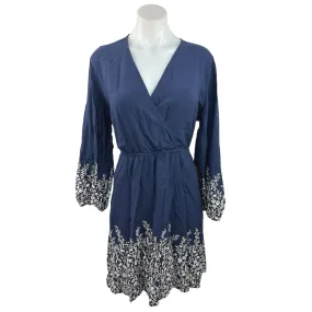 Old Navy Blue Floral Faux Wrap V Neck Bell Sleeves Boho Knee Length Dress Size L