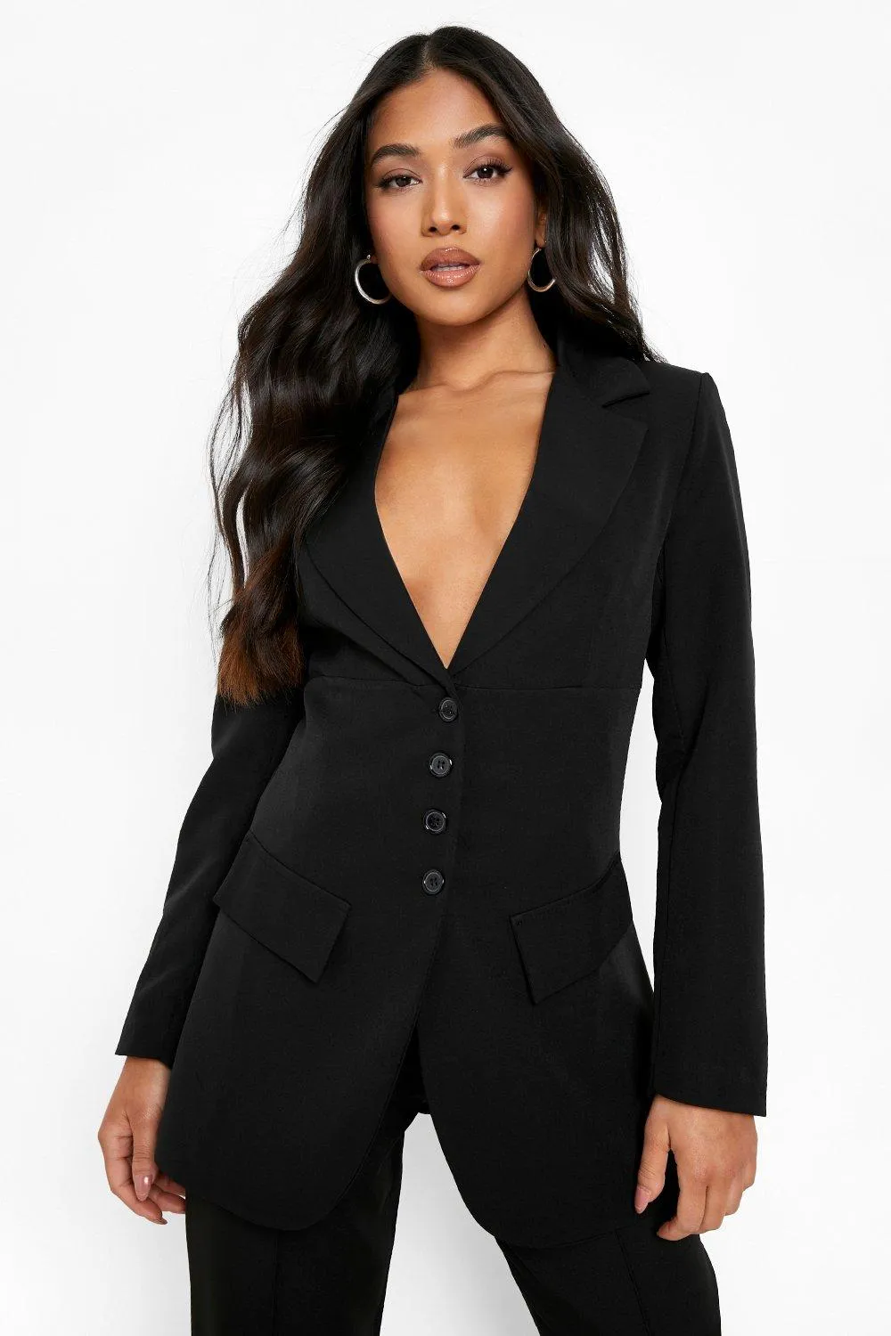 Petite Button Waist Shoulder Pad Blazer