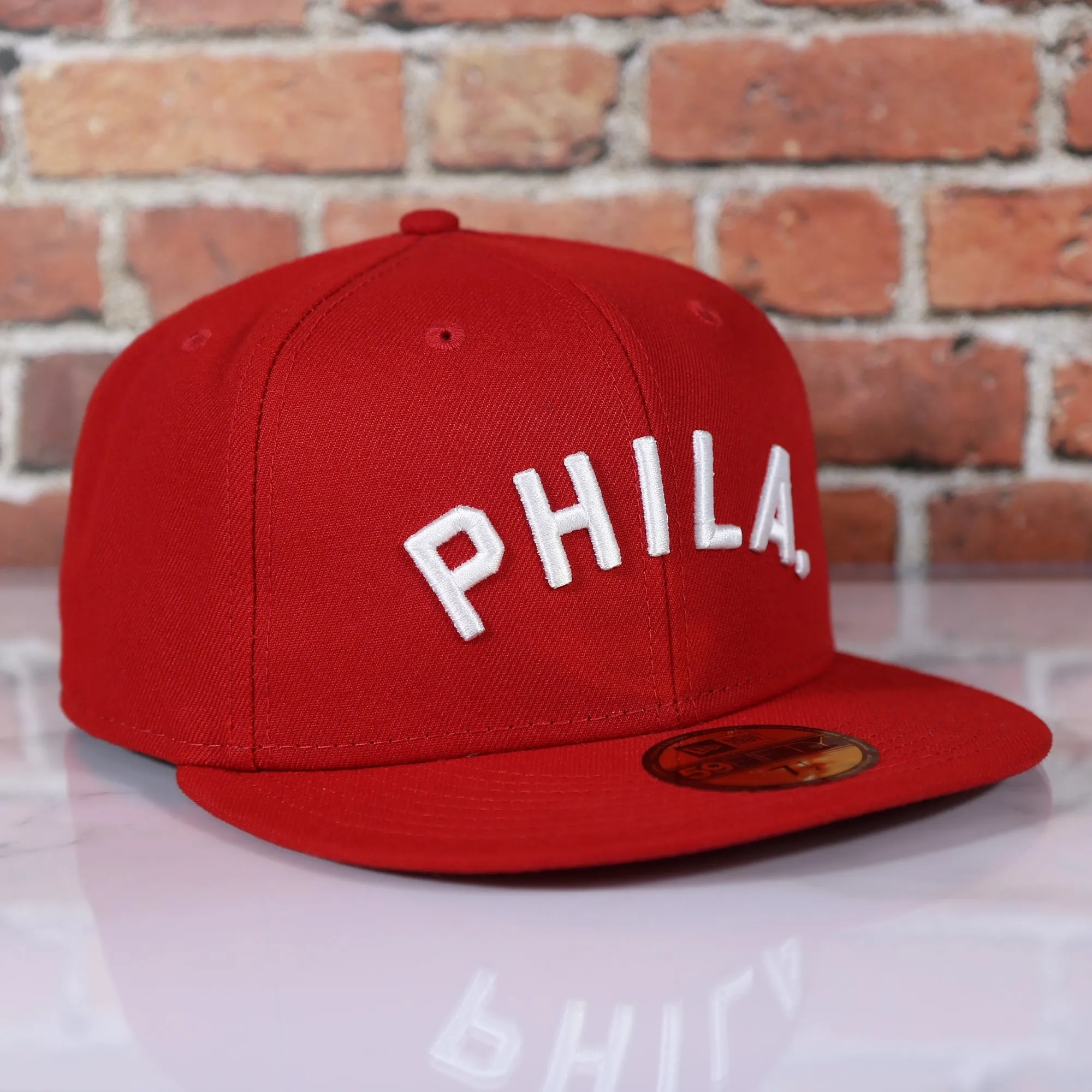 Philadelphia Phillies Arched PHILA Lettering 59Fifty Fitted Cap | Old School Phillies Red Bottom New Era Fitted Hat