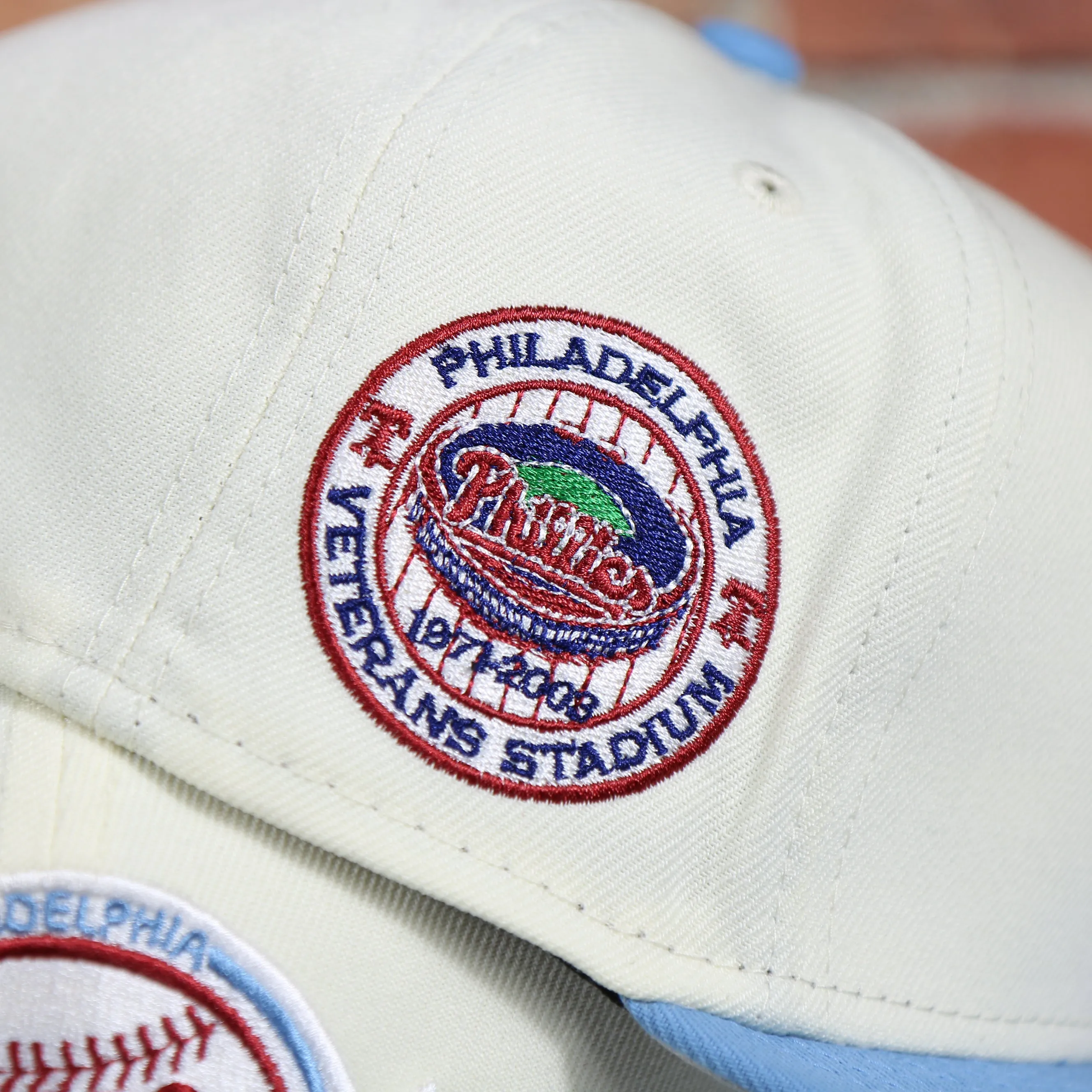 Philadelphia Phillies Cooperstown City Hall Logo Veterans Stadium Side Patch Grey UV 59Fifty Fitted Cap | Chrome/Powder Blue Cap