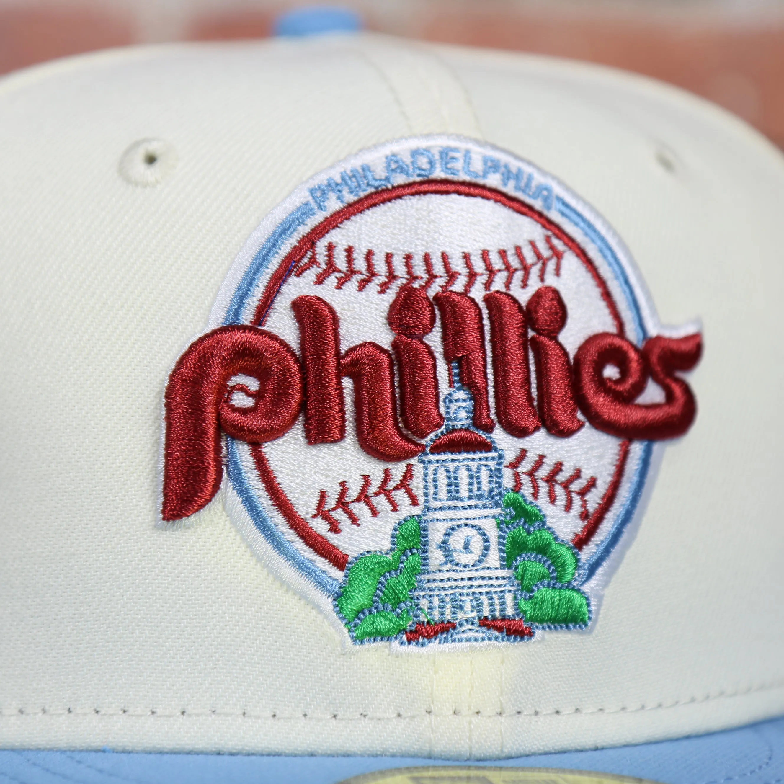 Philadelphia Phillies Cooperstown City Hall Logo Veterans Stadium Side Patch Grey UV 59Fifty Fitted Cap | Chrome/Powder Blue Cap