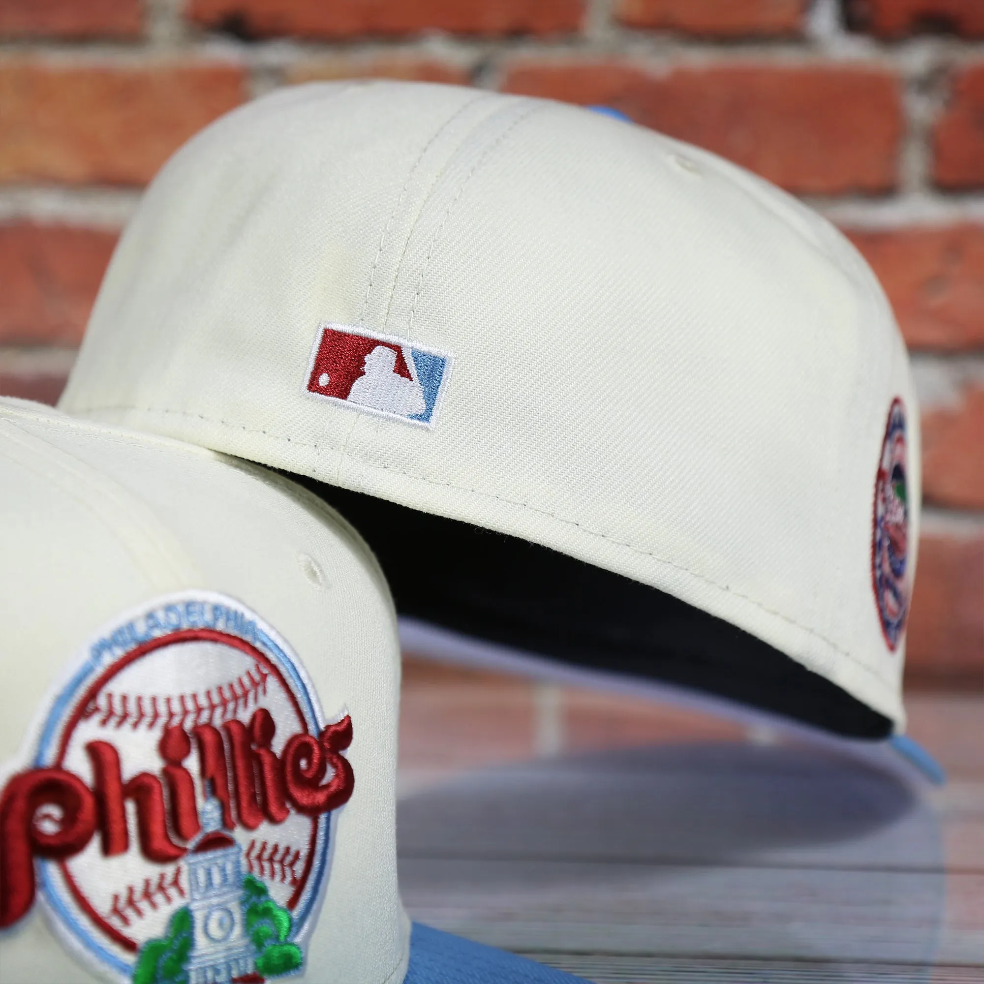 Philadelphia Phillies Cooperstown City Hall Logo Veterans Stadium Side Patch Grey UV 59Fifty Fitted Cap | Chrome/Powder Blue Cap