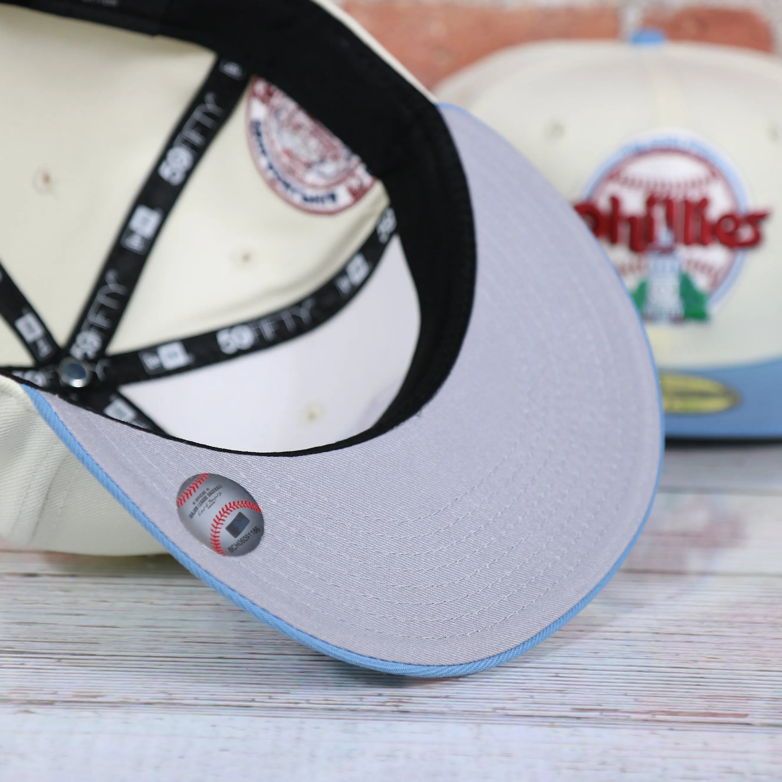 Philadelphia Phillies Cooperstown City Hall Logo Veterans Stadium Side Patch Grey UV 59Fifty Fitted Cap | Chrome/Powder Blue Cap