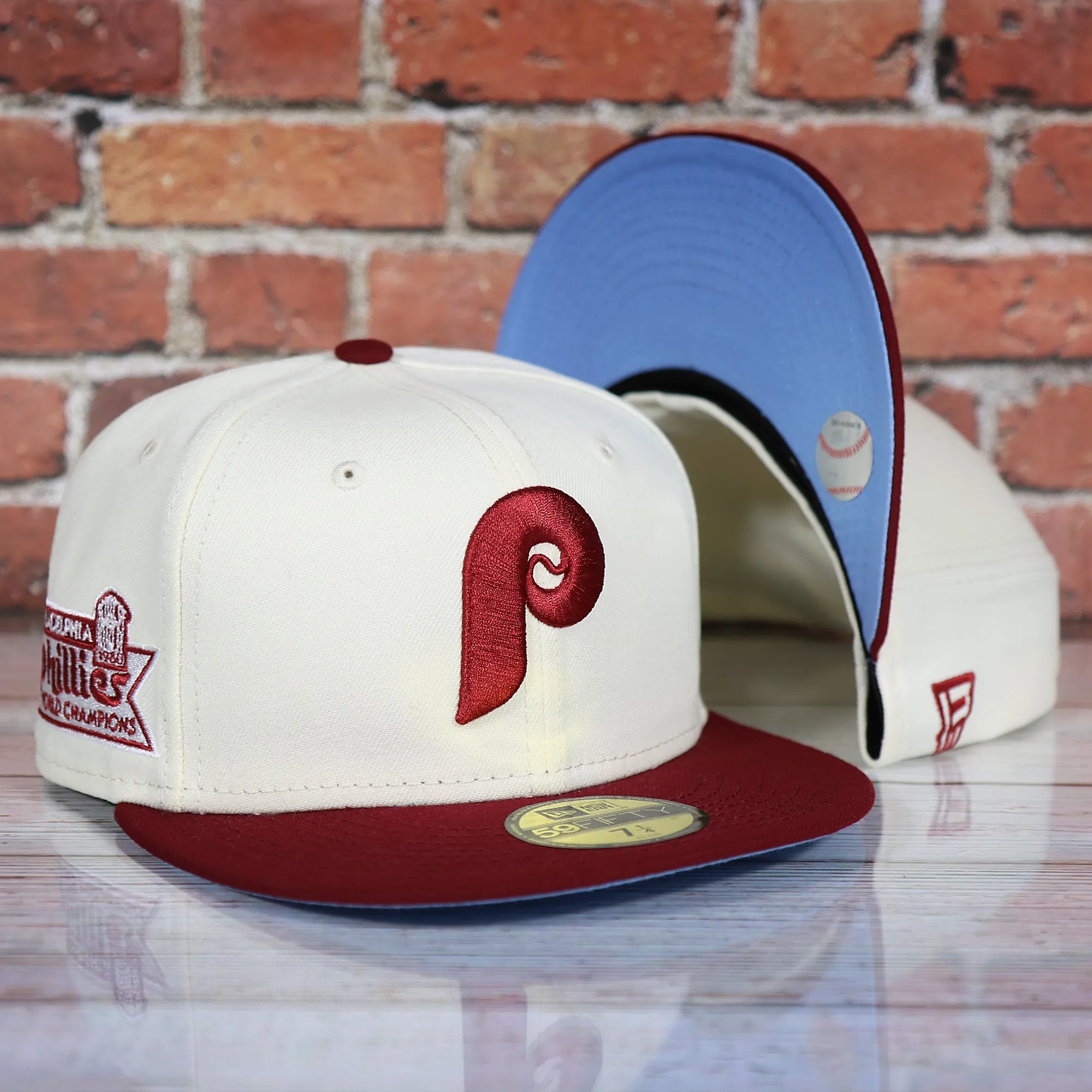 Philadelphia Phillies Cooperstown Retro Logo 1980 World Series Champion Side Patch Grey UV 59Fifty Fitted Cap | Chrome/Maroon Ca