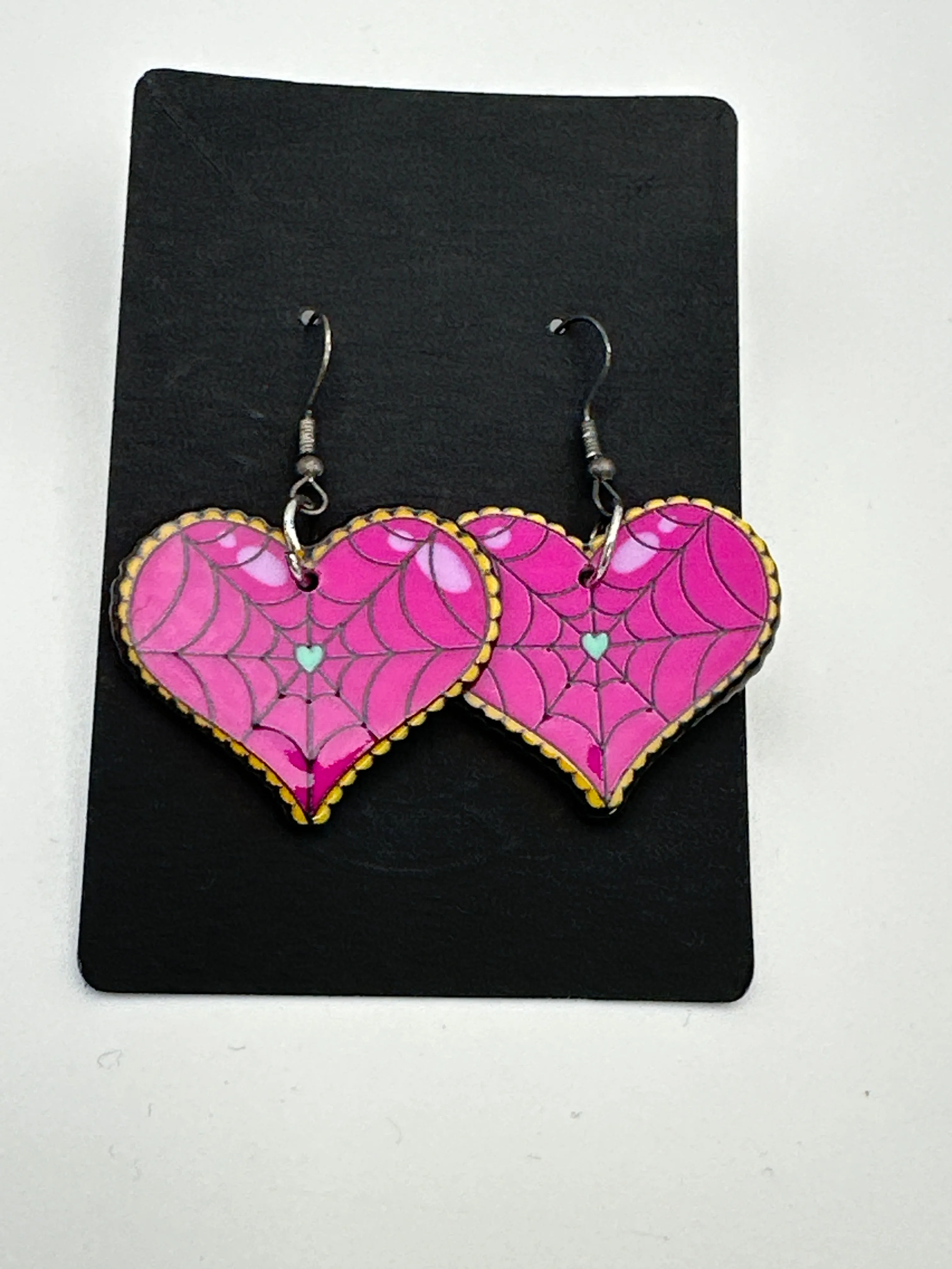 Pink spider web hearts, double sided acrylic earrings