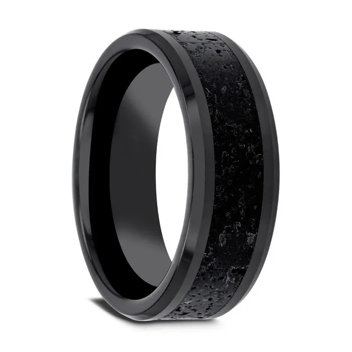 Polished Black Ceramic Band with Lava Rock Inlay and Polished Beveled Edges