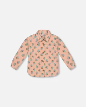 Printed Polar Fleece Shirt Peach With Blue Flowers