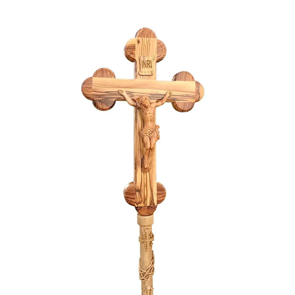 Processional Catholic Church Crucifix, Olive Wood Hand Carved