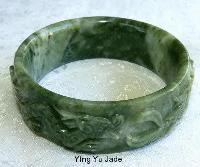 Qing Dynasty Emperor's  Vintage Carved Dragon Phoenix Jade Bangle Bracelet 65 mm (TI-1318)