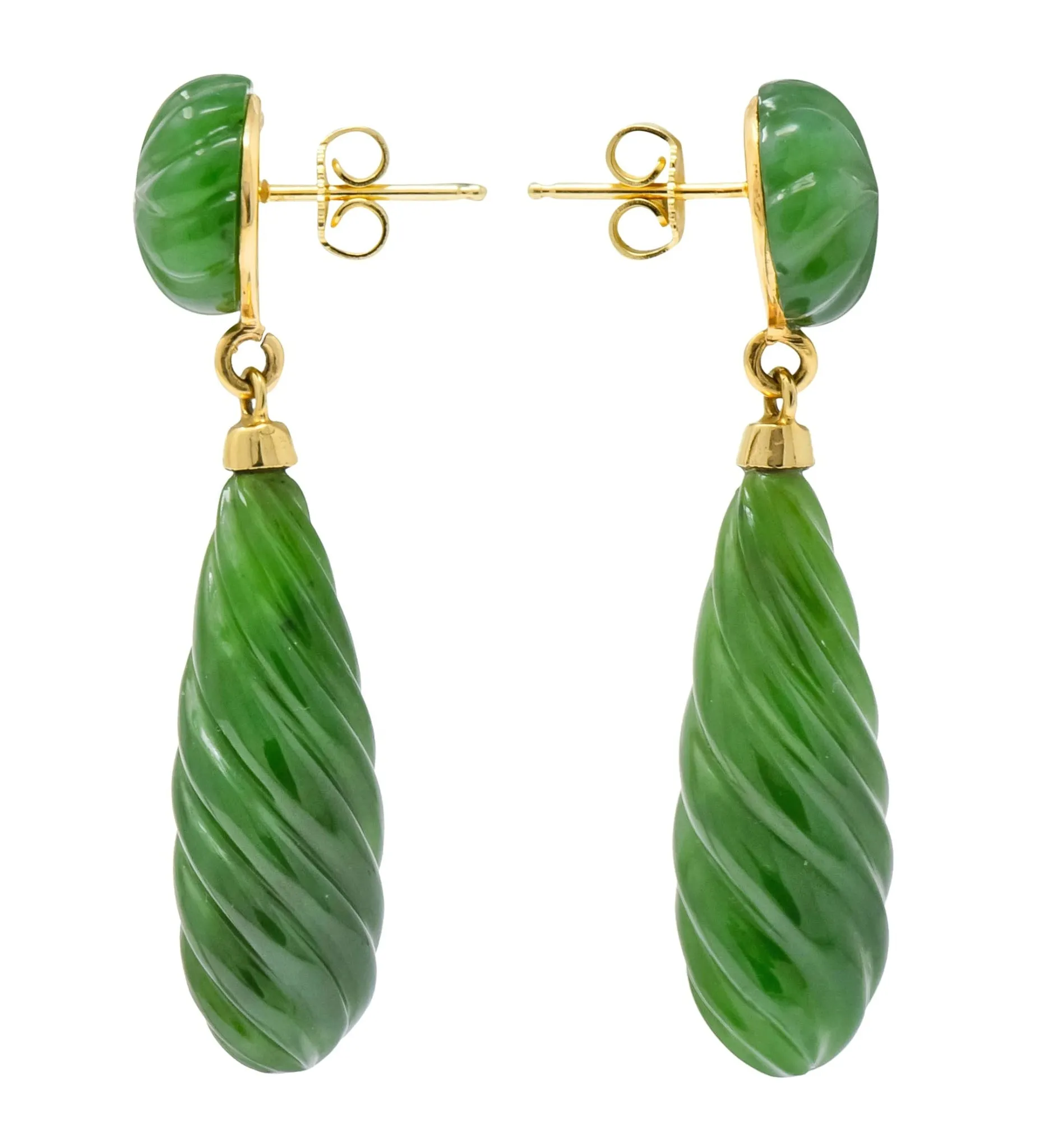 Retro Carved Jade 14 Karat Gold Swirl Drop Earrings