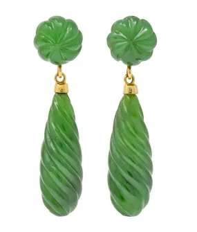 Retro Carved Jade 14 Karat Gold Swirl Drop Earrings