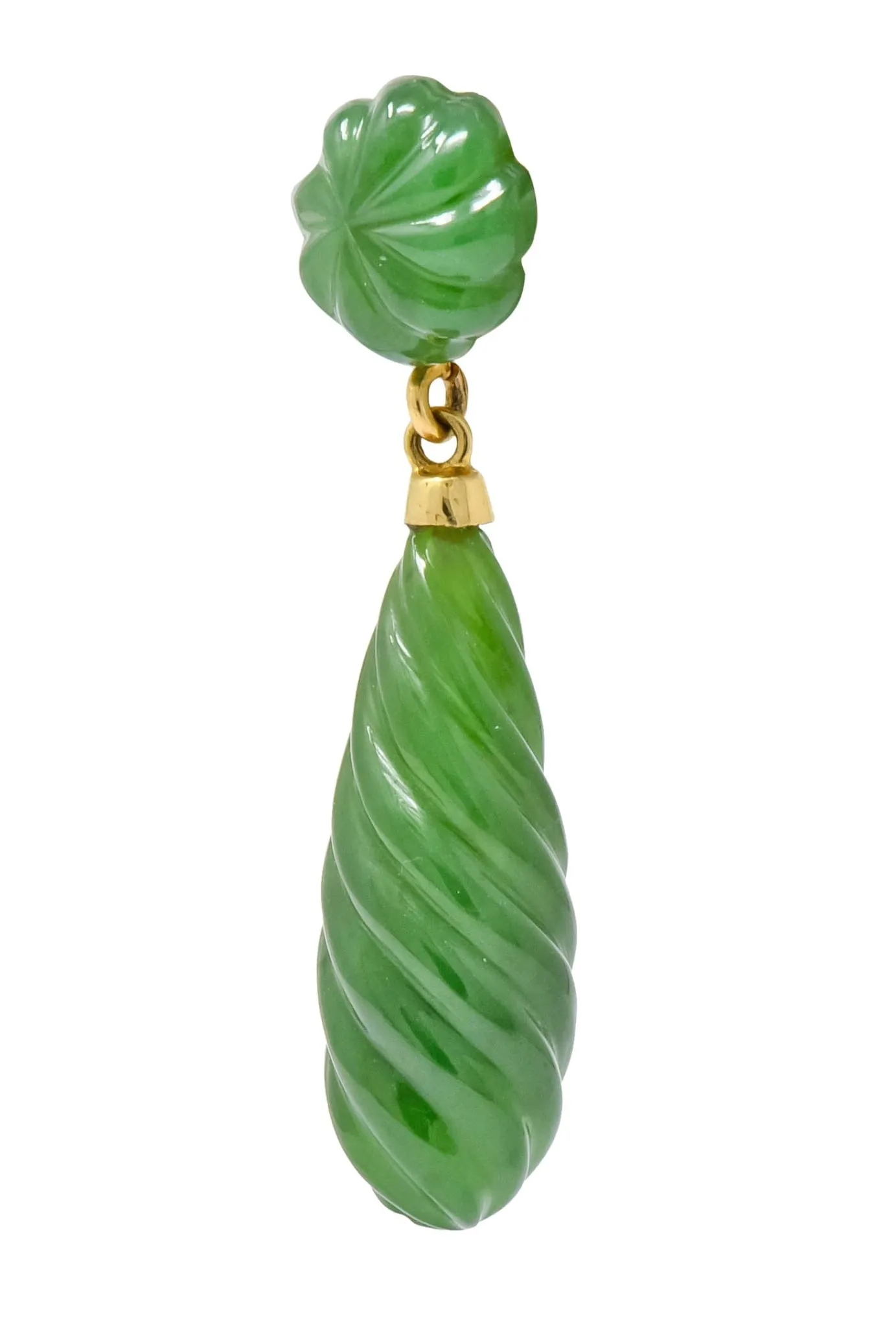 Retro Carved Jade 14 Karat Gold Swirl Drop Earrings