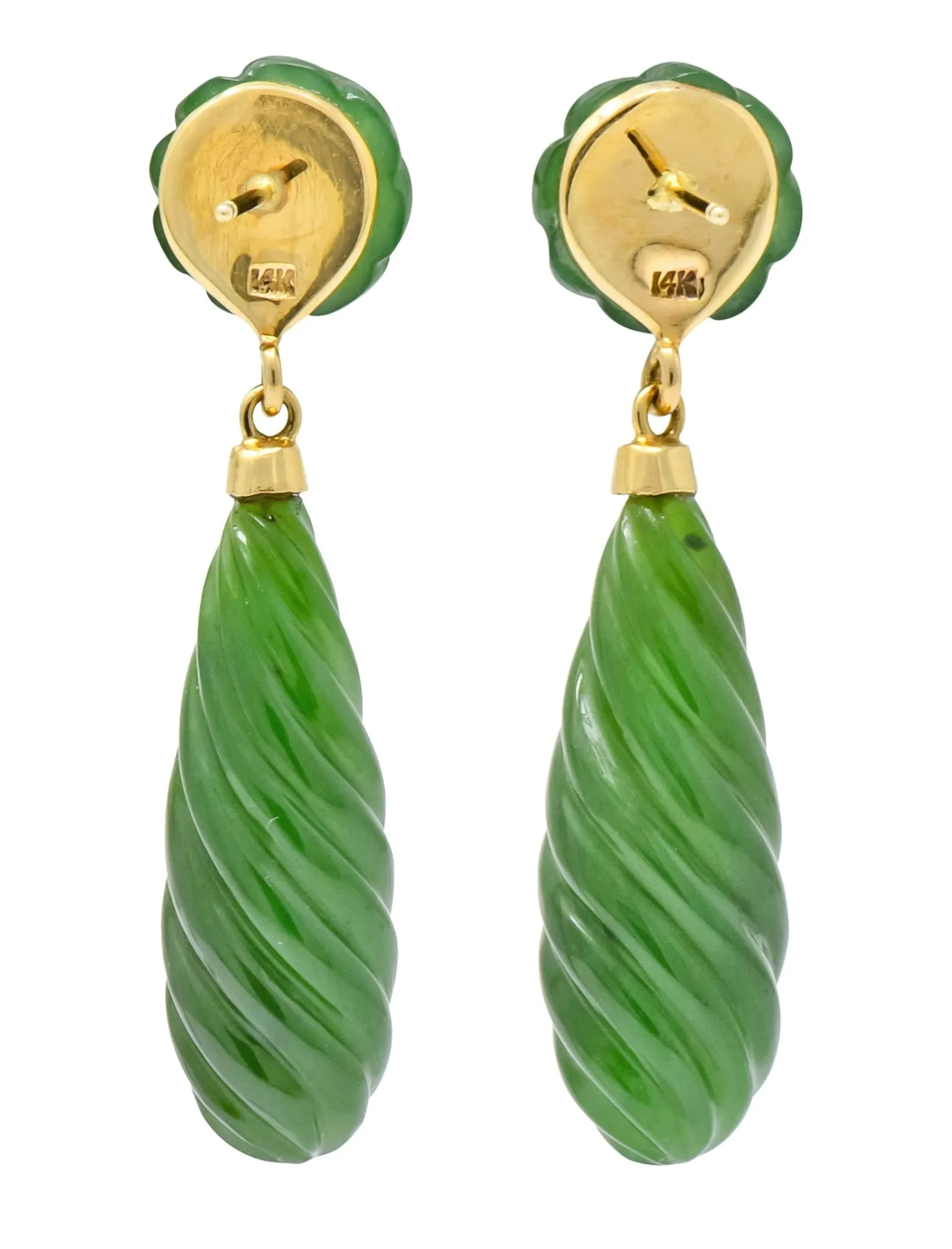 Retro Carved Jade 14 Karat Gold Swirl Drop Earrings