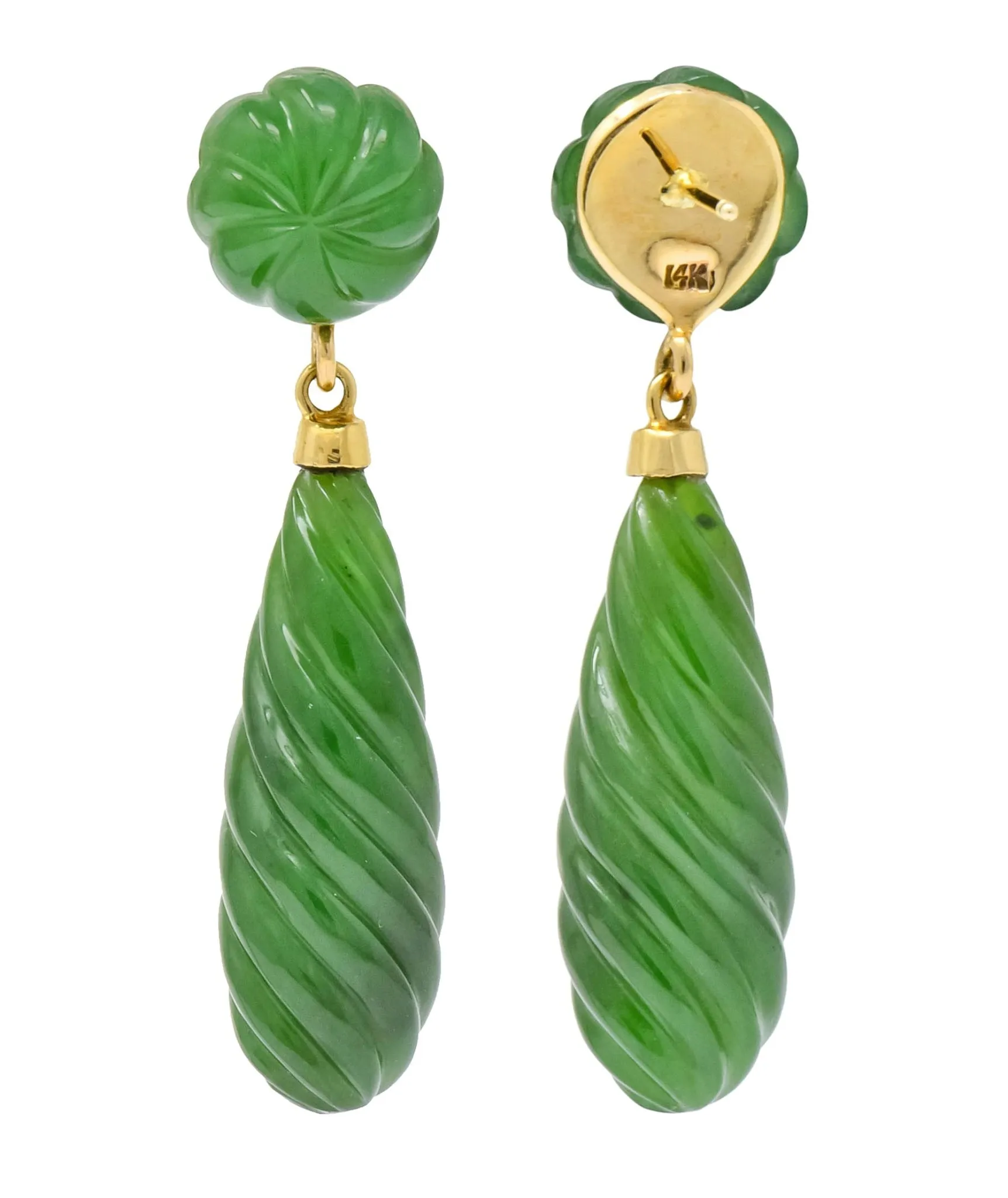 Retro Carved Jade 14 Karat Gold Swirl Drop Earrings