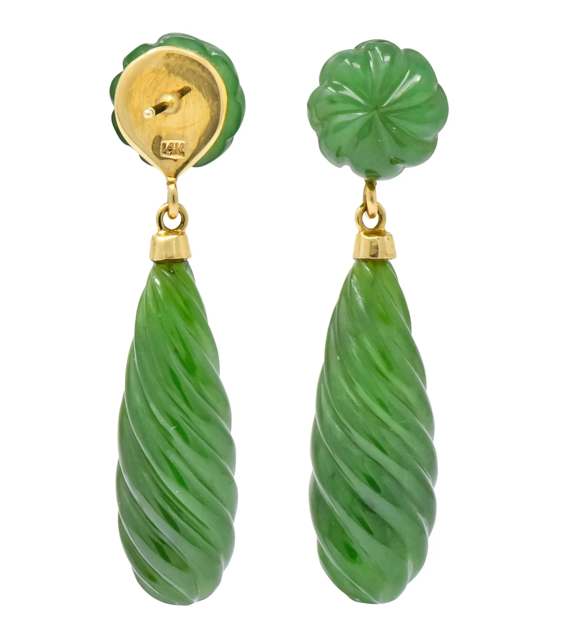 Retro Carved Jade 14 Karat Gold Swirl Drop Earrings