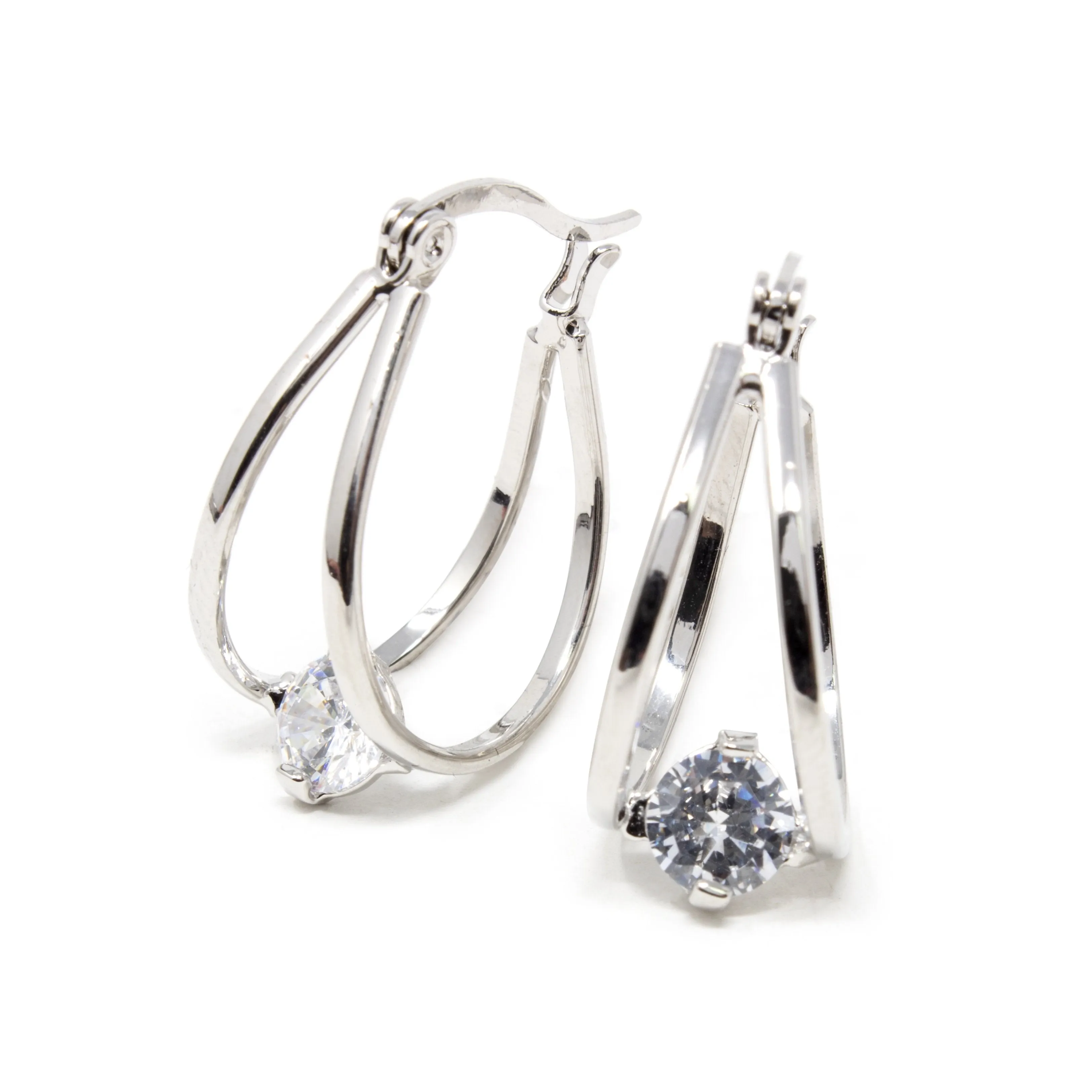 Rhodium Plated Two Bar Hoop Earrings with Single CZ