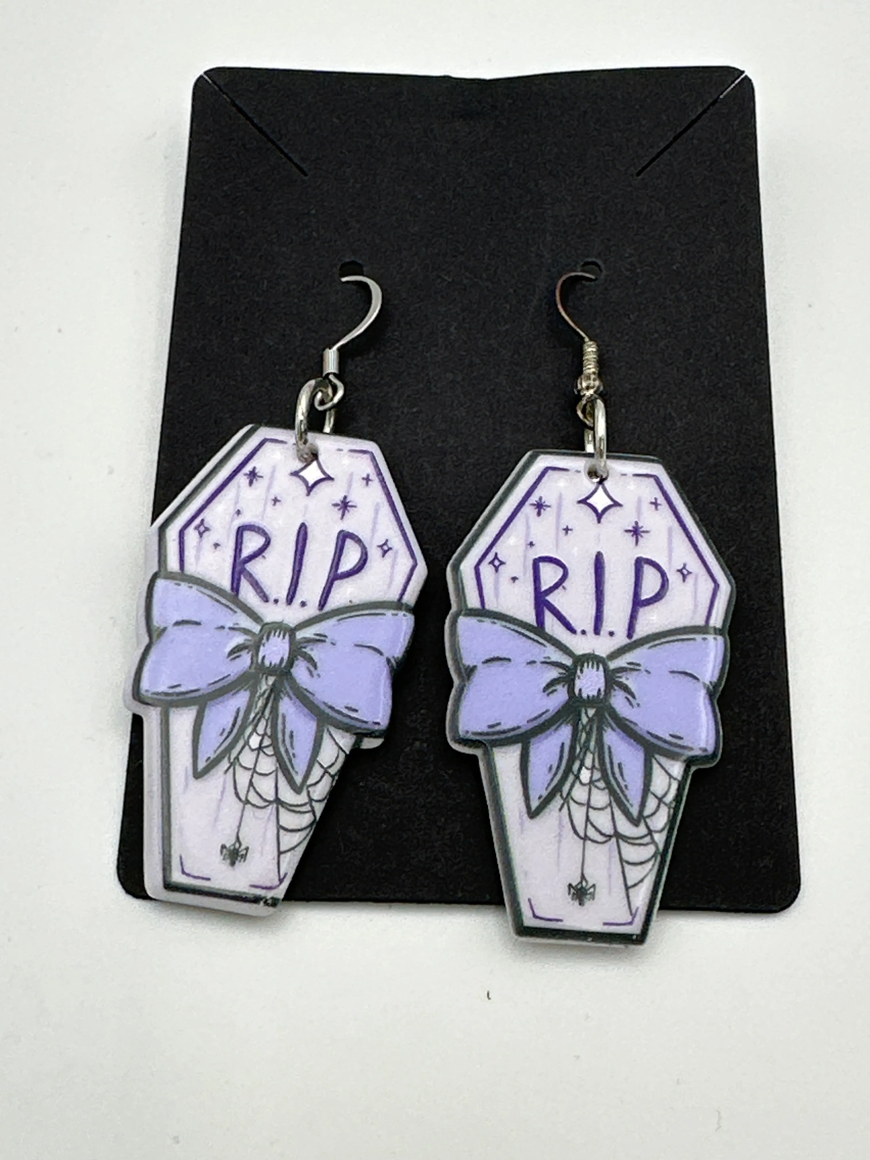 RIP coffin shaped double sided earrings