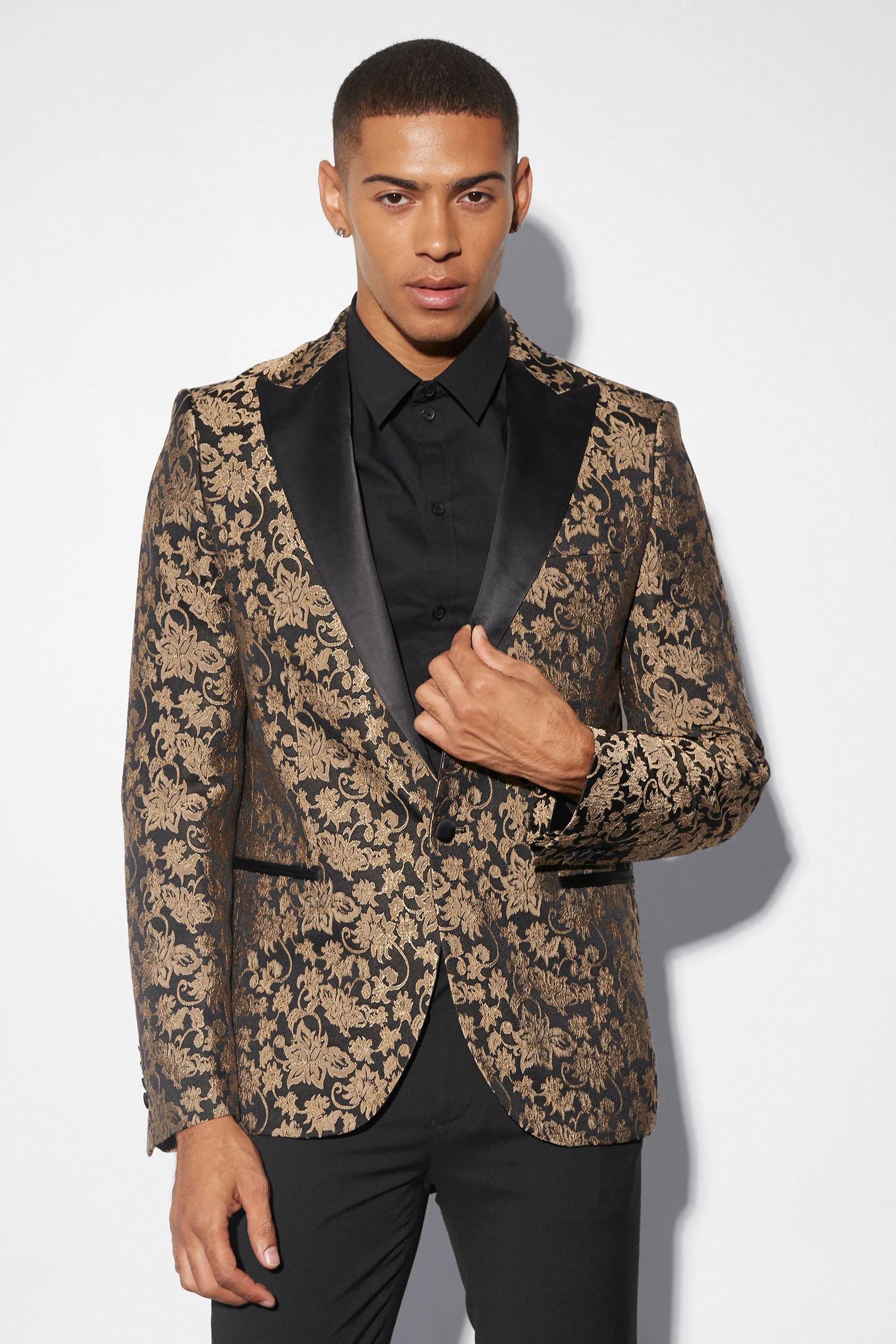 Slim Baroque Jacquard Satin Lapel Blazer