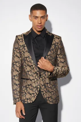 Slim Baroque Jacquard Satin Lapel Blazer