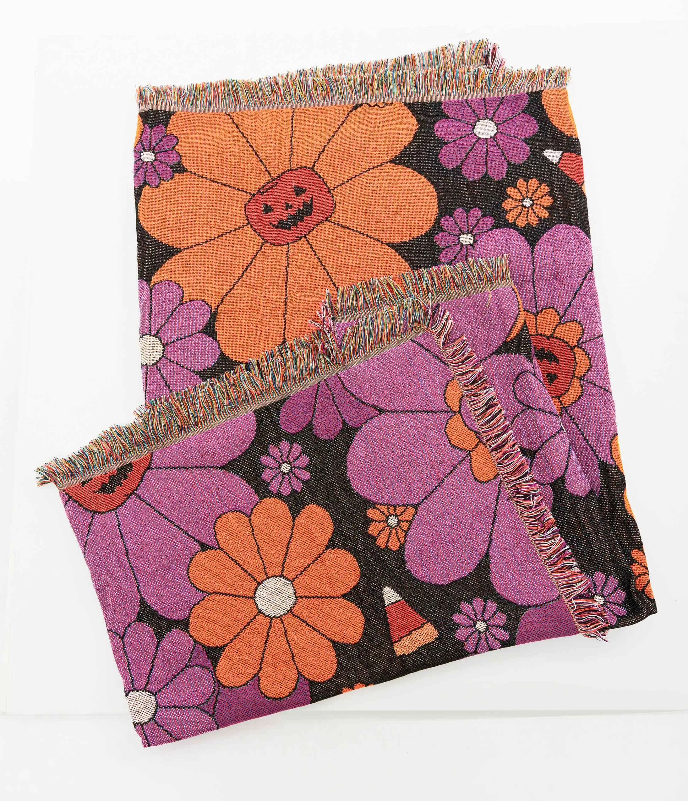 Smak Parlour Groovy Pumpkin Floral Fringe Blanket