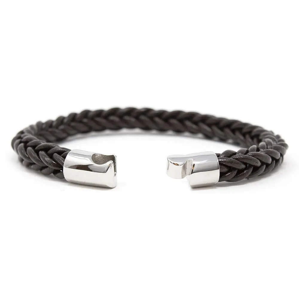 Stainless Steel and Dark Brown Braided Leather Bracelet