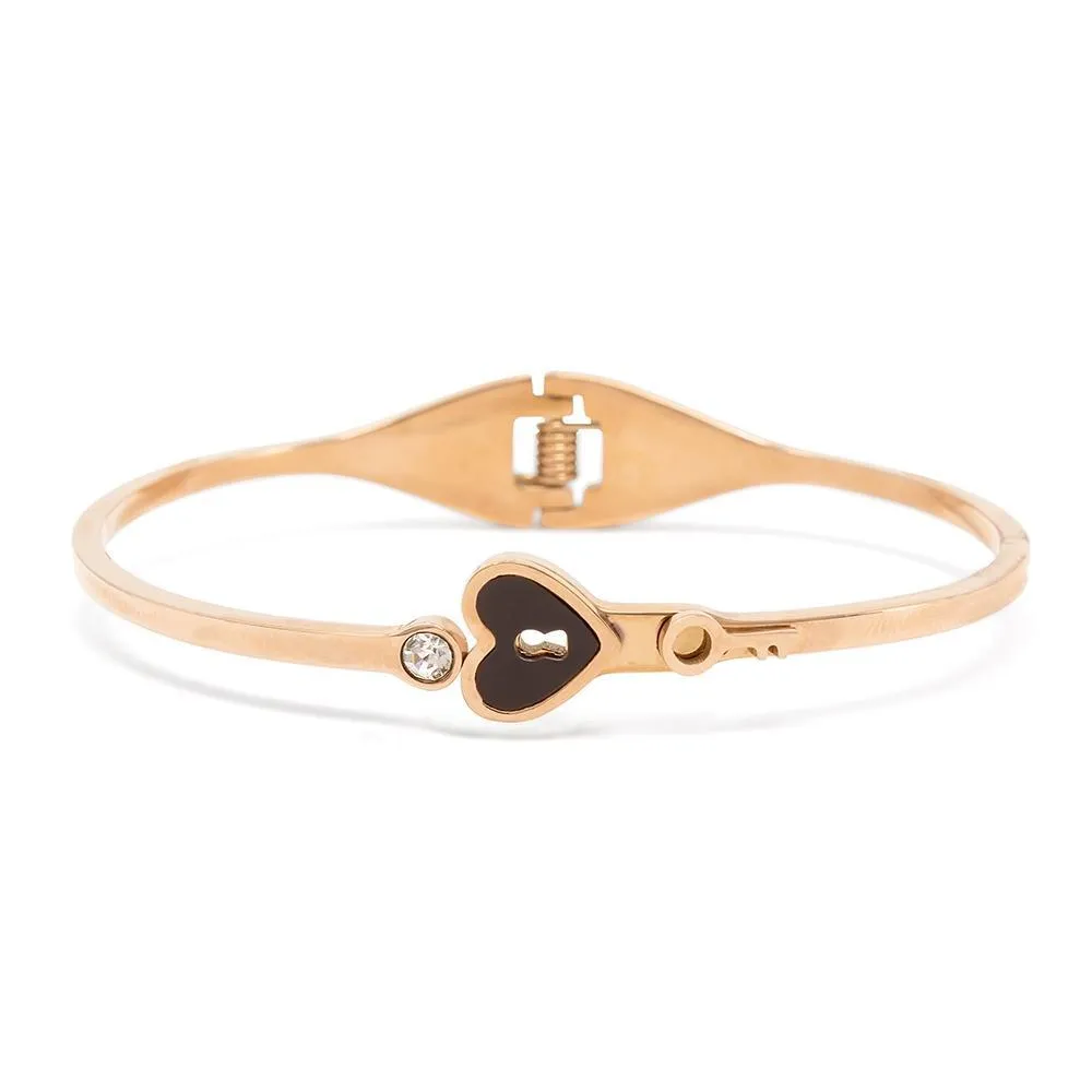 Stainless Steel Bangle Heart Key Onyx Crystal Rose Gold Plated