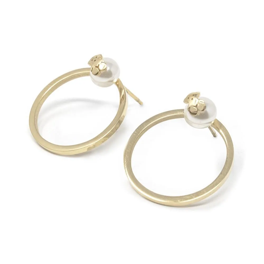 Stainless Steel Bear Circle Pearl Post Earrings Gold Plated