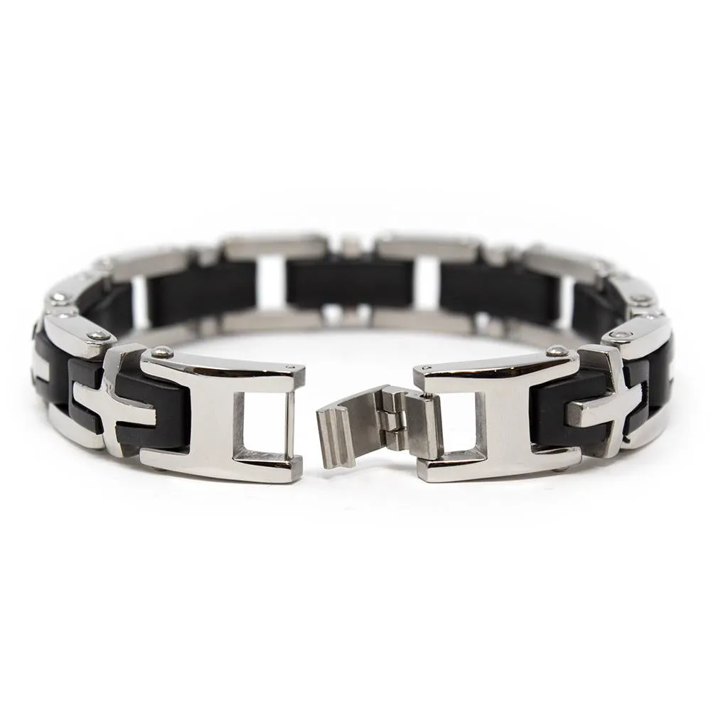 Stainless Steel Bracelet with Cross Links and Rubber Inlaid